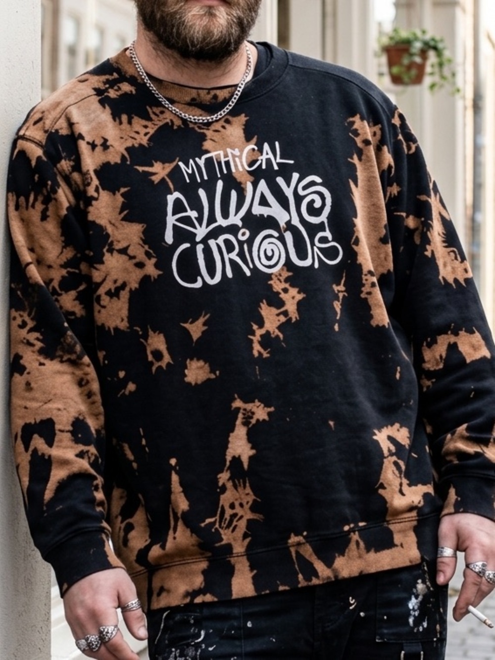 Mythical Always Curious Black & Brown Tie-Dye Sweatshirt. Streetwear Grunge Alt
